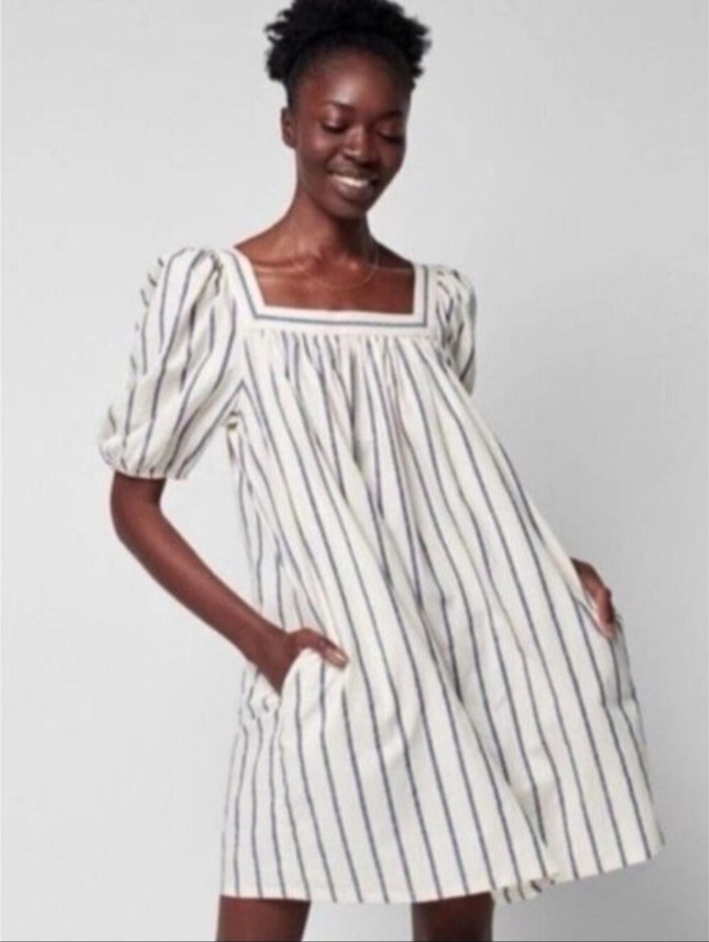Faherty Phoenix Dress Size Large Navy Ivory Elroy Stripe Cotton Square Neck NEW